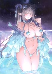 Rule 34 | 1girl, absurdres, bare shoulders, breast hold, breasts, detached collar, elf, hair over one eye, highres, large breasts, lips, long hair, looking at viewer, navel, original, partially submerged, pointy ears, scan, simple background, solo, sora 72-iro, star (sky), stomach, thighs, wading, water