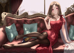 Rule 34 | 1girl, absurdres, alcohol, bare arms, bare shoulders, black pantyhose, breasts, brown hair, couch, cup, drinking glass, earrings, feet, formal, full body, high heels, highres, jewelry, long hair, long skirt, looking at viewer, no bra, original, pantyhose, pillow, red eyes, red skirt, resolution mismatch, shoes, unworn shoes, skirt, solo, source smaller, tooku0, wine, wine glass