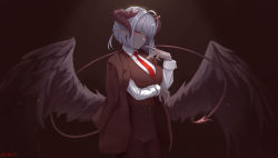 Rule 34 | 1girl, arm under breasts, artist name, black background, black jacket, black pants, black vest, black wings, breast hold, breasts, closed mouth, collared shirt, commentary, commission, dark-skinned female, dark skin, english commentary, feathered wings, hand up, horns, jacket, jacket on shoulders, mixed-language commentary, necktie, nev (nevblindarts), original, paid reward available, pants, pointy ears, red eyes, red necktie, shirt, short hair, silver hair, simple background, solo, standing, tail, vest, white shirt, wings