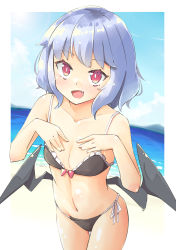 Rule 34 | 1girl, :d, arnest, bare arms, bare shoulders, bat wings, beach, bikini, black bikini, black wings, blue hair, blue sky, blush, border, bow, bow bikini, bra, bright pupils, cloud, collarbone, cowboy shot, day, dot nose, dutch angle, fang, flat chest, frilled bikini, frills, from above, hands on own chest, hands up, highres, horizon, lens flare, looking at viewer, looking up, low wings, mountainous horizon, navel, no headwear, ocean, open mouth, outdoors, outside border, panties, red bow, red eyes, remilia scarlet, revision, shiny skin, short hair, side-tie bikini bottom, sky, smile, solo, spaghetti strap, standing, stomach, sunlight, swimsuit, touhou, tsurime, underwear, w arms, water, white border, white pupils, wings