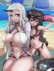 Rule 34 | 10s, 2girls, :o, abyssal ship, alternate skin color, bad id, bad pixiv id, beach, beach umbrella, bikini, black hair, black nails, blue sky, blurry, breast hold, breasts, cellphone, cleavage, collarbone, colored skin, covered erect nipples, day, depth of field, eyewear on head, fingernails, front-tie bikini top, front-tie top, frown, glasses, groin, hair between eyes, halterneck, hand around neck, holding, holding phone, horns, inflatable toy, isolated island oni, kantai collection, kneeling, large breasts, long fingernails, long hair, looking to the side, multiple girls, nail polish, navel, ocean, onboro (clunker), outdoors, phone, pink bikini, planted, planted umbrella, red eyes, seaport princess, selfie, shade, side-tie bikini bottom, single horn, sitting, sky, small breasts, smartphone, sunglasses, swimsuit, towel, tsurime, umbrella, v, very long hair, wariza, water, white hair, white skin, wristband
