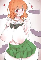Rule 34 | 10s, 1girl, blunt bangs, breasts, breasts out, clothes lift, curvy, girls und panzer, green skirt, highres, huge breasts, large areolae, nipples, ooarai school uniform, open clothes, open mouth, orange hair, penis, puffy nipples, red eyes, school uniform, serafuku, shirt lift, skirt, smile, solo focus, takebe saori, tamamf, thick thighs, thighhighs, thighs, wavy hair, wide hips