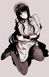 1girl absurdres aegyo_sal apron arms_under_breasts black_hair blush breasts center_frills crossed_arms frilled_apron frills fufu_(fufuichi04) grey_background hand_on_own_chest highres large_breasts long_hair long_sidelocks looking_at_viewer maid maid_apron maid_headdress mana_(fufuichi04) mole mole_under_eye original purple_eyes sidelocks sitting solo strappy_heels thighhighs