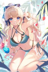 Rule 34 | 1girl, aqua bikini, arm up, bare arms, bikini, blonde hair, blue eyes, blunt bangs, bracelet, breasts, cleavage, collarbone, commentary request, cup, drinking straw, flower, grin, hair flower, hair ornament, hair ribbon, hasu (velicia), highres, holding, holding cup, jewelry, layered bikini, leaf, long hair, looking at viewer, medium breasts, navel, o-ring, o-ring bikini, pointy ears, princess connect!, ribbon, saren (princess connect!), saren (summer) (princess connect!), sideboob, smile, solo, swimsuit, teeth, water, wet