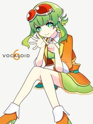Rule 34 | 1girl, bare legs, bright pupils, copyright name, goggles, goggles on head, green eyes, green hair, green skirt, gumi, headphones, highres, index finger raised, invisible chair, jacket, long sleeves, looking at viewer, machigami yoh, orange jacket, red-tinted eyewear, red goggles, shoes, short hair, simple background, sitting, skirt, solo, tinted eyewear, vocaloid, white background, white pupils