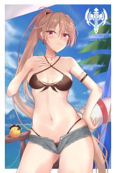 Rule 34 | 1girl, absurdres, anchor earrings, artist name, azur lane, biganbanani, bikini, bikini under clothes, breasts, brown bikini, cross-laced bikini, cross-laced clothes, cross-laced one-piece swimsuit, cutoff jeans, cutoffs, dated, day, earrings, eyepatch, hat, high ponytail, highres, jean bart (azur lane), jean bart (private apres midi) (azur lane), jewelry, light brown hair, long hair, looking at viewer, manjuu (azur lane), micro shorts, navel, official alternate costume, open clothes, open shorts, outdoors, pirate hat, purple eyes, shorts, small breasts, solo, stomach, swimsuit, very long hair, vichya dominion (emblem), white innertube