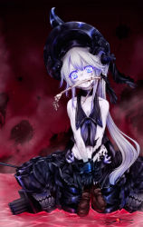 Rule 34 | 10s, 1girl, absurdres, abyssal ship, amputee, bare shoulders, black gloves, black skirt, blood, blood on face, bone, choker, collarbone, crop top, destroyer princess, double amputee, gloves, harusame (kancolle), head tilt, headgear, highres, kantai collection, loafers, looking at viewer, machinery, midriff, mouth hold, neckerchief, pale skin, pleated skirt, purple eyes, purple hair, sailor collar, school uniform, serafuku, shirt, shoes, side ponytail, skirt, sleeveless, sleeveless shirt, solo, tsukineko