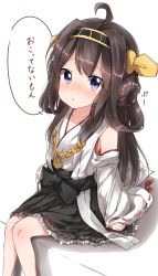 Rule 34 | 10s, 1girl, :t, aged down, ahoge, bare shoulders, black hair, blue eyes, detached sleeves, double bun, eyebrows, hair bun, hair ornament, hairband, headgear, highres, japanese clothes, kantai collection, kongou (kancolle), long hair, long sleeves, looking at viewer, nontraditional miko, pentagon (railgun ky1206), pout, simple background, sitting, solo, translation request