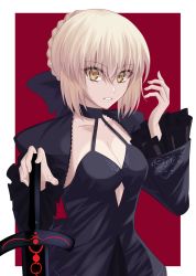 Rule 34 | 1girl, artoria pendragon (all), artoria pendragon (fate), black bow, black choker, border, bow, braid, braided bun, breasts, choker, cleavage, clenched teeth, collarbone, excalibur morgan (fate), fate/stay night, fate (series), hair between eyes, hair bow, hair bun, hand on hilt, highres, long sleeves, looking at viewer, medium breasts, outside border, red background, saber alter, short hair, shrug (clothing), silver hair, solo, souyoru, teeth, upper body, white border, yellow eyes