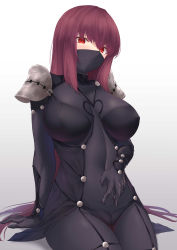 Rule 34 | 1girl, absurdres, armor, black bodysuit, bodysuit, breasts, covered navel, fate/grand order, fate (series), hair between eyes, highres, large breasts, long hair, looking at viewer, mask, okuma707, pauldrons, purple hair, red eyes, scathach (fate), scathach (first ascension) (fate), shoulder armor, sitting, solo, thighs