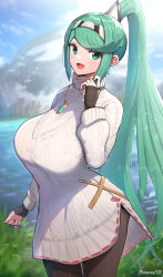 Rule 34 | absurdres, alternate costume, breasts, gonzarez, green eyes, green hair, highres, large breasts, long hair, pneuma (xenoblade), ponytail, very long hair, xenoblade chronicles (series), xenoblade chronicles 2