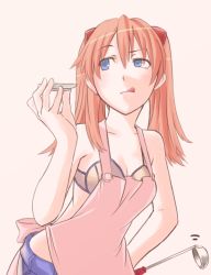 Rule 34 | 00s, 1girl, :q, apron, bad id, bad pixiv id, bare shoulders, blue eyes, bra, cooking, evangelion: 2.0 you can (not) advance, hand on own hip, hip focus, holding, ladle, lingerie, looking away, neon genesis evangelion, orange hair, plate, rebuild of evangelion, shorts, simple background, solo, souryuu asuka langley, tasting plate, tongue, tongue out, tsundere, underwear, uyama hajime