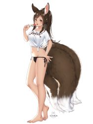 Rule 34 | 1girl, animal ear fluff, animal ears, artist name, bad id, bad pixiv id, barefoot, black panties, blush, brown eyes, brown hair, commission, eating, feet, food, fox ears, fox tail, full body, highres, long hair, multiple tails, nail polish, navel, no pants, open mouth, original, panties, panty pull, ponytail, popsicle, pulled by self, shirt, side-tie panties, simple background, solo, susukitten, tail, toenail polish, toenails, toes, underwear, white background, white shirt