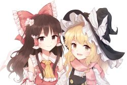 Rule 34 | 2girls, ascot, black headwear, blonde hair, bow, brown eyes, brown hair, commentary request, detached sleeves, flower, hair bow, hair flower, hair ornament, hair tubes, hakurei reimu, hat, hat bow, kirisame marisa, long hair, minust, multiple girls, pink scarf, red bow, ribbon-trimmed sleeves, ribbon trim, scarf, smile, touhou, upper body, vest, wavy hair, white background, white bow, witch hat, yellow eyes