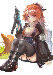 Rule 34 | 1girl, :d, arknights, arm at side, arm rest, backpack, bag, black footwear, black jacket, black thighhighs, blue skirt, blush, boots, brown eyes, full body, garter straps, grin, high heel boots, high heels, highres, holding tool, jacket, legs together, long hair, long sleeves, looking at viewer, mg42cat-k1ng, mole, mole under eye, nail gun, open clothes, open jacket, open mouth, orange hair, pinecone (arknights), ponytail, sidelocks, simple background, skirt, smile, solo, suspender skirt, suspenders, sweater, teeth, thighhighs, tree stump, turtleneck, turtleneck sweater, white background, white sweater