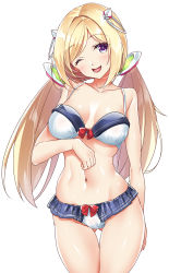 Rule 34 | 1girl, aki rosenthal, bikini, blonde hair, blush, bob cut, breasts, collarbone, detached hair, highres, hololive, looking at viewer, low twintails, medium breasts, navel, one eye closed, open mouth, parted bangs, purple eyes, sasakuma kyouta, simple background, solo, swept bangs, swimsuit, twintails, virtual youtuber, white background, white bikini