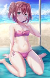 Rule 34 | 1girl, aqua eyes, arm support, bandeau, bare arms, bare legs, bare shoulders, barefoot, beach, beach towel, beach umbrella, bikini, blue sky, breasts, cloud, collarbone, day, groin, hair between eyes, hand on own chest, hand up, highres, kurosawa ruby, lens flare, long hair, looking at viewer, love live!, love live! sunshine!!, navel, ocean, outdoors, parted lips, pink bikini, rama (yu-light8), red hair, sand, shiny skin, side-tie bikini bottom, sidelocks, sitting, sky, small breasts, solo, stomach, strapless, strapless bikini, swimsuit, thighs, towel, two side up, umbrella, wariza