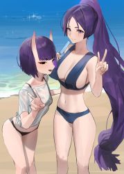 Rule 34 | 2girls, absurdres, bikini, bob cut, breasts, eyeliner, fate/grand order, fate (series), highres, hood (james x), horns, large breasts, long hair, looking at viewer, makeup, minamoto no raikou (fate), multiple girls, navel, oni, open mouth, parted bangs, purple eyes, purple hair, short hair, shuten douji (fate), skin-covered horns, small breasts, smile, swimsuit, very long hair