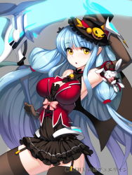 Rule 34 | 1girl, arm up, bell, black thighhighs, blue hair, breasts, collar, copyright name, garter straps, gloves, hat, junketsu duelion, large breasts, long hair, looking at viewer, neck bell, original, ribbon, scythe, snowball22, solo, thighhighs, top hat, very long hair, watermark, yellow eyes