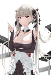 Rule 34 | 1girl, azur lane, black dress, breasts, cleavage, closed mouth, collarbone, crossed arms, dress, eye piercing, formidable (azur lane), hair ribbon, hand in own hair, index finger raised, large breasts, long hair, looking at viewer, platinum blonde hair, qing wu, red eyes, ribbon, solo, standing, twintails, white background
