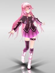 Rule 34 | 1girl, 3d, ahoge, bare shoulders, blue eyes, boots, braid, gundamgp03d, highres, ia (vocaloid), long hair, looking at viewer, mikumikudance (medium), model, off shoulder, one eye closed, open mouth, pink hair, skirt, smile, solo, thigh strap, thighhighs, twin braids, very long hair, vocaloid