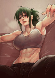 Rule 34 | 1girl, abs, absurdres, after battle, ahoge, armpits, black pants, blood, blood on clothes, blood on face, blood on hands, blood splatter, breasts, brown eyes, cirenk, couch, denim, earrings, green hair, grey sports bra, highres, hurt, jeans, jewelry, large breasts, lips, long hair, looking at viewer, midriff, muscular, muscular female, navel, nose, original, outstretched arms, pants, parted lips, sidelocks, simple background, sitting, solo, sports bra, stud earrings, sweat
