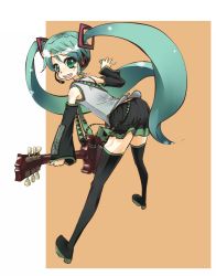 Rule 34 | ass, bad id, bad pixiv id, detached sleeves, green eyes, green hair, guitar, hato haru, hatsune miku, headphones, instrument, long hair, microphone, solo, thighhighs, twintails, vocaloid