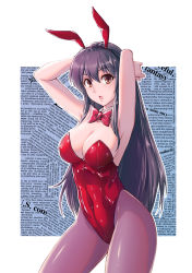 Rule 34 | 1girl, :o, absurdres, animal ears, armpits, arms behind head, arms up, bad id, bad pixiv id, bare arms, bare shoulders, black hair, bow, bowtie, breasts, brown eyes, cleavage, detached collar, fake animal ears, female focus, fish.boy, graphite (medium), hair between eyes, highres, large breasts, leotard, lips, long hair, looking at viewer, neck, open mouth, original, pantyhose, playboy bunny, rabbit ears, red bow, red bowtie, red bunny ears, red leotard, solo, standing, strapless, strapless leotard, traditional media
