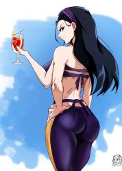 Rule 34 | 1boy, 1girl, absurdres, antenna hair, ass, bare shoulders, black hair, breasts, cup, de hyrus, drinking glass, extra arms, from behind, goggles, goggles on head, hairband, hana hana no mi, helmet, highres, large breasts, long hair, looking at viewer, nico robin, one piece, pants, purple eyes, shiny clothes, shiny skin, sideboob, smile, solo focus, thick thighs, thighs, usopp, when you see it