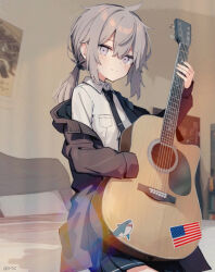 Rule 34 | 1girl, acoustic guitar, american flag, bed, black necktie, blue skirt, brown jacket, collared shirt, commentary, dot nose, english commentary, girls&#039; frontline, grey hair, guitar, hair between eyes, hair intakes, hair tie, highres, holding, holding guitar, holding instrument, ikea shark, indoors, instrument, its (pixiv 61283676), jacket, looking at viewer, m200 (girls&#039; frontline), necktie, off shoulder, on bed, pixiv username, pleated skirt, ponytail, poster (object), purple eyes, shirt, sidelocks, single sleeve past fingers, sitting, skirt, smile, solo, sticker, stuffed animal, stuffed shark, stuffed toy, white shirt