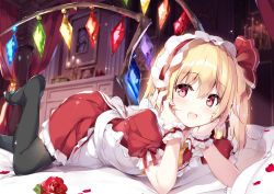 Rule 34 | 1girl, :d, alternate costume, apron, bed, black thighhighs, blonde hair, blush, commentary request, crystal, curtains, dress, enmaided, feet out of frame, flandre scarlet, flower, frilled apron, frills, hair between eyes, hair ribbon, hairband, hands up, indoors, long hair, looking at viewer, lying, maid, maid apron, maid headdress, miyase mahiro, no shoes, on stomach, one side up, open mouth, petals, petticoat, puffy short sleeves, puffy sleeves, red dress, red eyes, red flower, red hairband, red ribbon, red rose, ribbon, rose, rose petals, shadow, short dress, short sleeves, smile, solo, thighhighs, touhou, white apron, wings, wrist cuffs