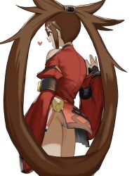 Rule 34 | 1girl, ass, bare shoulders, brown eyes, brown hair, china dress, chinese clothes, dress, fang, flasso, from side, guilty gear, guilty gear xrd, heart, highres, kuradoberi jam, long hair, long sleeves, looking to the side, open mouth, panties, panty peek, red dress, simple background, skirt, smile, solo, twintails, underwear, very long hair, waving, white background, white panties, wide sleeves