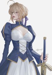 Rule 34 | 1girl, ahoge, arm at side, artoria pendragon (all), artoria pendragon (fate), blonde hair, blue dress, blush, braid, braided bun, breasts, cleavage, collared dress, cowboy shot, cross-laced clothes, crown braid, dress, eyelashes, fate/stay night, fate (series), female focus, fingernails, green eyes, hair between eyes, hair bun, hair over one eye, hair ribbon, highres, holding, holding sword, holding weapon, juliet sleeves, large breasts, light brown hair, lips, long sleeves, looking away, looking to the side, medium breasts, parted lips, puffy sleeves, ribbon, saber (fate), short hair, signature, simple background, single hair bun, solo, standing, sword, tangerine (dudu), two-tone dress, weapon, white background