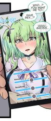 Rule 34 | 1boy, 1girl, antlers, black choker, blush, breasts, cellphone, ceres fauna, ceres fauna (jirai kei), choker, english text, green hair, heart, highres, holding, holding phone, hololive, hololive english, horns, large breasts, long hair, looking down, mole, mole under eye, official alternate costume, open mouth, phone, rika (akarika057), smartphone, solo focus, sweat, virtual youtuber, yellow eyes