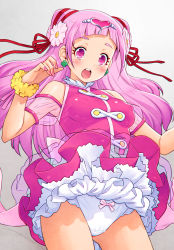 Rule 34 | 1girl, absurdres, blush, breasts, commentary request, cure yell, earrings, fingerless gloves, flower, gloves, gradient background, grey background, hair flower, hair ornament, hair ribbon, headpiece, highres, jewelry, kazuma muramasa, long hair, looking at viewer, magical girl, medium breasts, nail polish, nono hana, open mouth, panties, pink eyes, pink hair, pink nails, pink skirt, precure, red ribbon, ribbon, skirt, solo, standing, teeth, thighs, underwear, upper teeth only, white panties