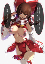Rule 34 | 1girl, absurdres, areola slip, blush, bow, breasts, brown eyes, brown hair, cowboy shot, detached sleeves, hair bow, hair tubes, hakurei reimu, highres, japanese clothes, large breasts, long hair, navel, nontraditional miko, ofuda, ofuda on nipples, open mouth, pasties, red bow, ribbon-trimmed sleeves, ribbon trim, scarf, sidelocks, solo, speech bubble, thighhighs, touhou, translation request, white scarf, white thighhighs, wide sleeves, yukito (dreamrider)