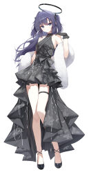 Rule 34 | 1girl, absurdres, alternate costume, black dress, black footwear, black gloves, blue archive, closed mouth, dress, full body, gloves, gnns, halo, highres, long hair, looking at viewer, mechanical halo, purple eyes, purple hair, shoes, simple background, smile, solo, thigh strap, two side up, white background, yuuka (blue archive)