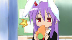 Rule 34 | 1girl, animal ears, rabbit ears, carrot, eating, female focus, indoors, lucky star, parody, purple hair, red eyes, reisen udongein inaba, solo, third-party edit, touhou