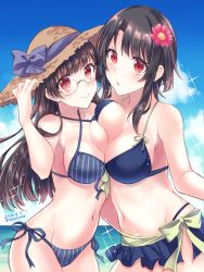 Rule 34 | 2girls, asymmetrical docking, bikini, black hair, blush, breast press, breasts, choukai (kancolle), cleavage, cloud, commentary request, cowboy shot, day, flower, glasses, hair flower, hair ornament, halterneck, hat, hat ribbon, kabocha torute, kantai collection, large breasts, long hair, looking at viewer, multiple girls, navel, red eyes, ribbon, short hair, side-tie bikini bottom, sky, smile, sparkle, straw hat, striped bikini, striped clothes, swimsuit, symmetrical docking, takao (kancolle)