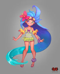 Rule 34 | 1girl, absurdly long hair, alternate costume, alternate eye color, alternate hair color, bare shoulders, bikini, bow, concept art, flower, frilled bikini, frilled skirt, frills, goggles, hair flower, hair ornament, highres, league of legends, long hair, multicolored eyes, official art, pool party zoe, skirt, solo, swimsuit, very long hair, zoe (league of legends)