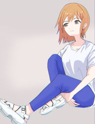 Rule 34 | 1girl, artist request, blue pants, commentary request, expressionless, grey eyes, hands under legs, highres, looking to the side, orange hair, original, pants, sandals, shirt, shoe soles, short hair, simple background, sitting, solo, t-shirt, white footwear, white shirt