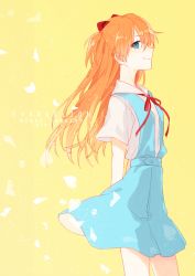 Rule 34 | 1girl, blouse, blue dress, blue eyes, breasts, character name, commentary, copyright name, dress, english text, from side, hair between eyes, hair ornament, long hair, looking at viewer, neck ribbon, neckwear request, neon genesis evangelion, orange hair, red ribbon, ribbon, school uniform, shirt, short sleeves, simple background, small breasts, smile, solo, souryuu asuka langley, standing, tokyo-3 middle school uniform, uniform, vipcat, white shirt, yellow background