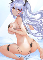 Rule 34 | 1girl, antenna hair, ass, azur lane, back, bad id, bad pixiv id, bare shoulders, barefoot, bikini, black bikini, black bow, black choker, blush, bow, breast hold, breasts, brown eyes, choker, feet, hair bow, large breasts, long hair, looking at viewer, looking back, micro bikini, mokyumokyuchan, multicolored hair, open mouth, prinz eugen (azur lane), prinz eugen (unfading smile) (azur lane), silver hair, sitting, solo, streaked hair, swept bangs, swimsuit, thigh strap, two side up, wariza
