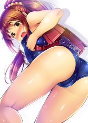 Rule 34 | 10s, 1girl, ass, backpack, bag, blush, breasts, brown hair, competition swimsuit, embarrassed, idolmaster, idolmaster cinderella girls, long hair, looking at viewer, looking back, looking down, medium breasts, ment, name tag, one-piece swimsuit, open mouth, ponytail, randoseru, school swimsuit, scrunchie, shiny skin, solo, swimsuit, thighs, very long hair, wakabayashi tomoka, wavy hair, yellow eyes