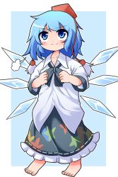 Rule 34 | 1girl, blue eyes, blue hair, blush, cirno, cosplay, hat, ice, ice wings, oversized clothes, peku (science santa-san), pom pom (clothes), shameimaru aya, shameimaru aya (cosplay), short hair, skirt, smile, solo, tokin hat, touhou, wings