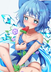 Rule 34 | @ @, blue dress, blue eyes, blue hair, bow, cirno, dress, food, hair bow, highres, ice, ice wings, medium hair, melting, plant, popsicle, strap slip, sweat, tanned cirno, touhou, unory, vines, watermelon bar, wings
