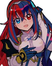 Rule 34 | 1girl, :d, absurdres, alear (female) (fire emblem), alear (fire emblem), blue eyes, blue gloves, blue hair, bow, commentary, crossed bangs, fire emblem, fire emblem engage, gloves, hair between eyes, heterochromia, highres, kurimori, long hair, looking at viewer, multicolored hair, nintendo, open mouth, red eyes, red hair, smile, solo, symbol-only commentary, two-tone hair, upper body, very long hair, white background, white bow