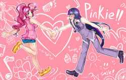 Rule 34 | 2girls, aoshima, bare shoulders, blue eyes, blush stickers, breasts, flying sweatdrops, highres, large breasts, long hair, medium breasts, multicolored hair, multiple girls, my little pony, my little pony: friendship is magic, open mouth, outline, pants, personification, pink hair, pinkie pie, purple eyes, sleeveless, smile, twilight sparkle, yuri