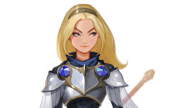 Rule 34 | 1girl, absurdres, armor, blonde hair, blue eyes, breastplate, brown hairband, commentary, den (denwhat), gem, grey background, hairband, highres, league of legends, legends of runeterra, long hair, long sleeves, lux (league of legends), shiny clothes, shoulder plates, simple background, solo, staff, upper body, weapon