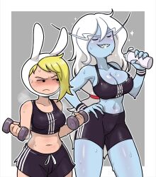 Rule 34 | 2girls, adventure time, animal hood, annoyed, black shorts, black sports bra, blonde hair, blue skin, blush, bottle, breast envy, breasts, centinel303, cleavage, closed eyes, colored skin, cowboy shot, dumbbell, fionna the human girl, frown, genderswap, genderswap (mtf), grin, hand on own hip, highres, hood, ice queen (adventure time), large breasts, long hair, looking to the side, medium support (meme), meme, multiple girls, navel, rabbit hood, sharp teeth, shorts, simple background, small breasts, smile, sparkle, sports bra, sweat, teeth, water bottle, white hair